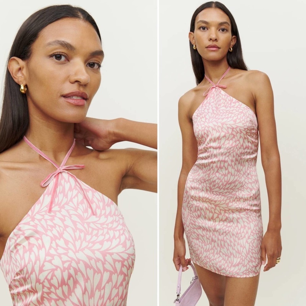 NWT Reformation Poppie Silk Mini dress pink hearts halter cocktail dress SZ 6